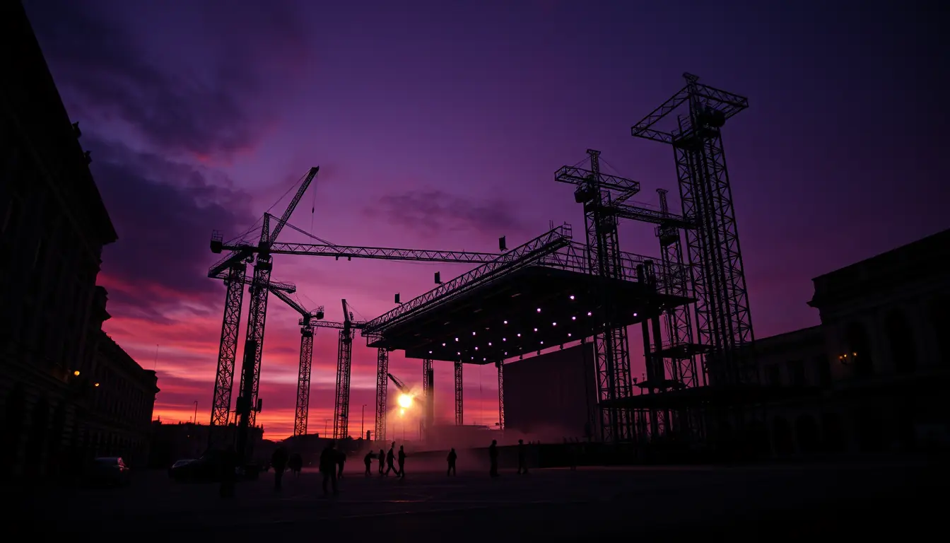 Escenario masivo en construcción al atardecer en una plaza histórica, con torres de truss y una sola luz de trabajo encendida entre sombras largas.