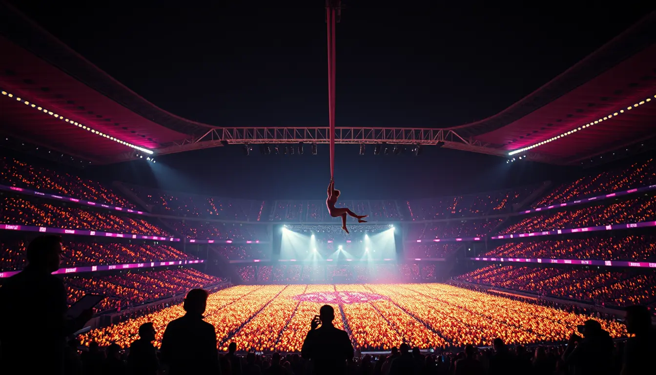 Estadio de noche con miles de pulseras luminosas encendidas, un equipo de producción en penumbra en primer plano y una bailarina aérea suspendida en lo alto.