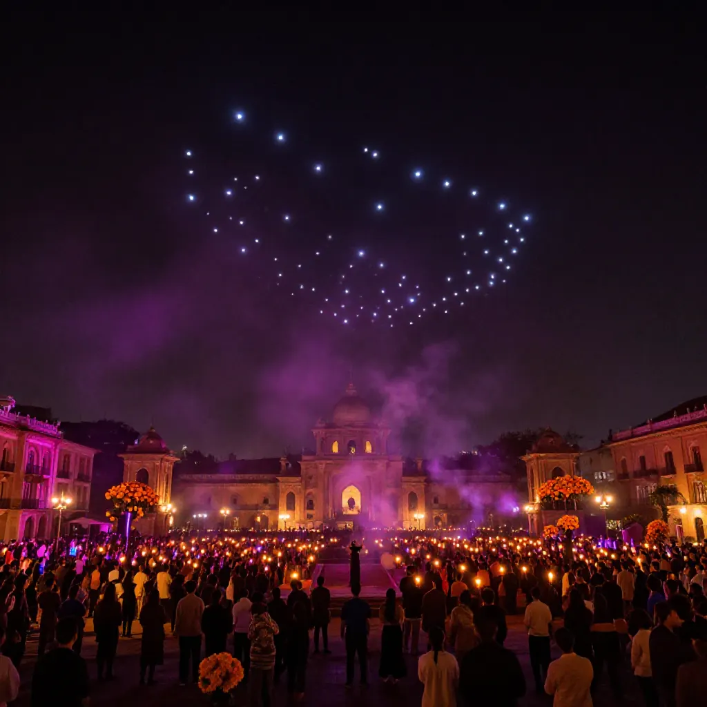 Drones iluminados flotando sobre una plaza llena de gente durante una noche de Día de Muertos
